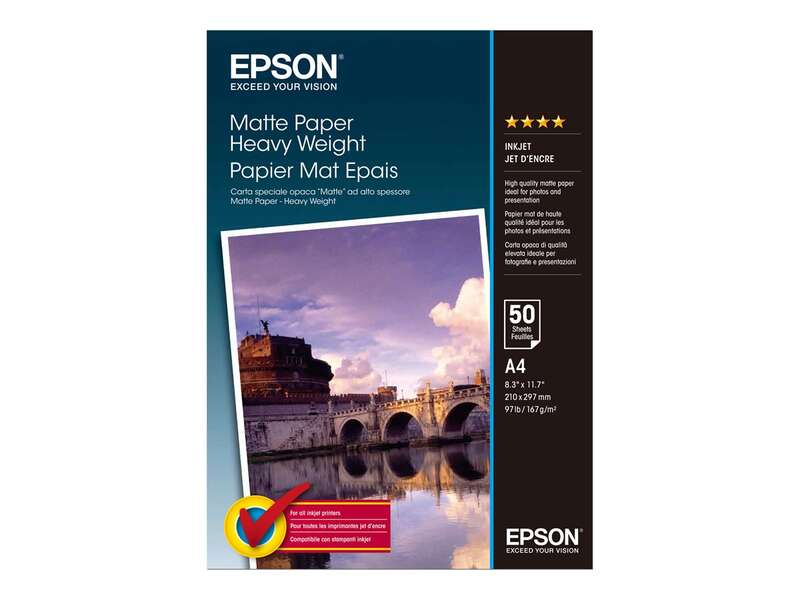 Epson C13S041256 Papel Fotografico A4 167gr - Acabado Mate - 50 Hojas - para Impresoras de Tinta - Prinkweb